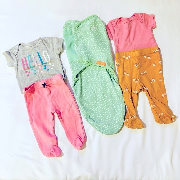 Baby Girl 5 Piece Bundle 0-3 mth SwaddleMe Swaddle, 2 Footed Pants, 2 Onesies - Picture 1 of 7